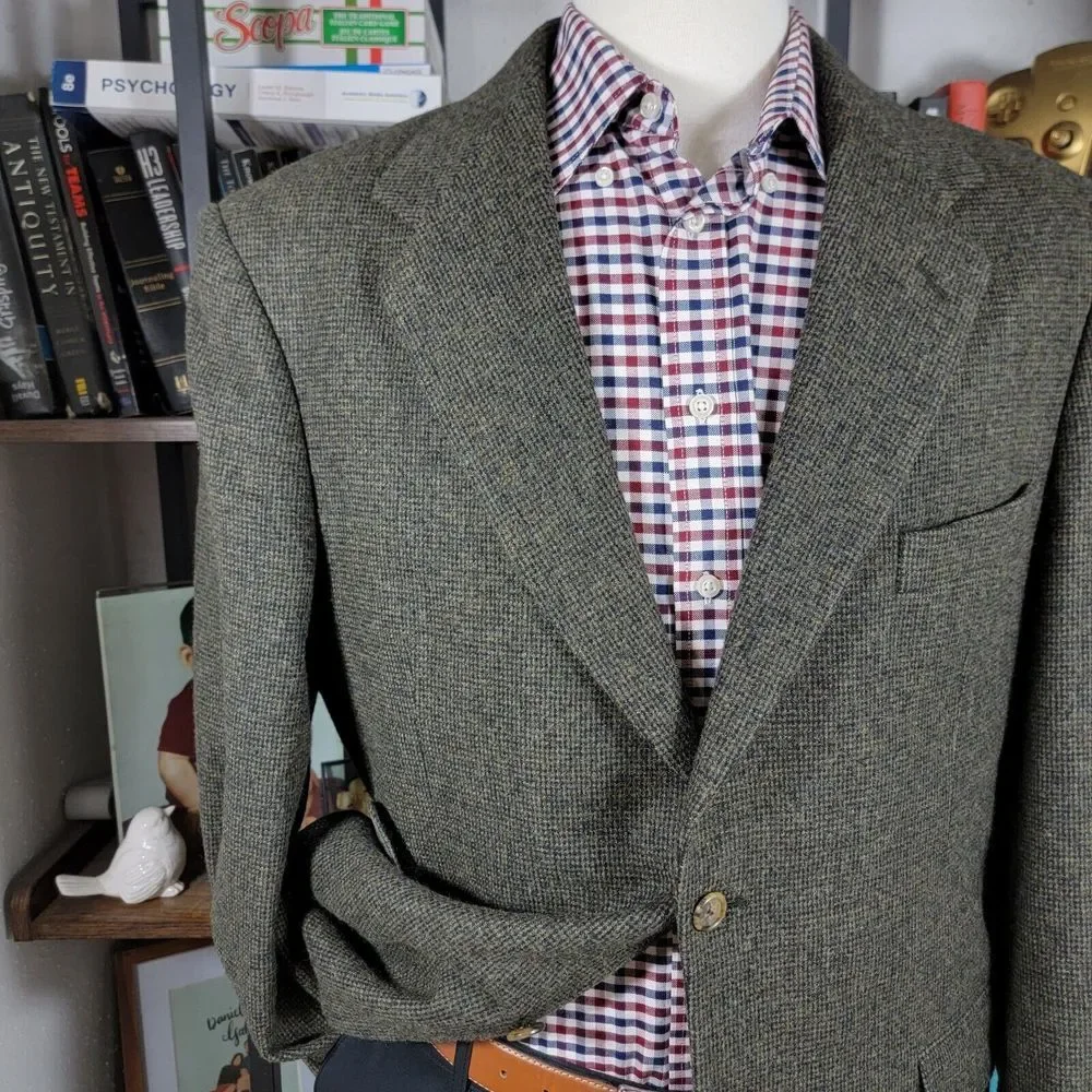 VTG Club House Men's Flannel Sport Coat Blazer‎ Two Button Green Brown Size 42R